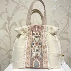 インド刺繍リボン×合皮　パールフリル巾着トートバッグ