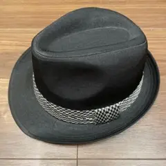 【美品】黒のチェック柄リボン付き中折れハット