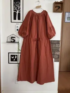 美品★コットンリネンパフスリーブ前開きワンピース＊オレンジ