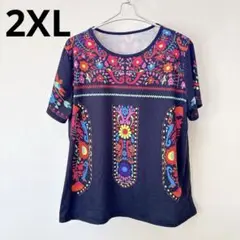 花柄デザイン 半袖 Tシャツ ブラック 黒 カラフル 2XL