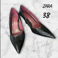 【ZARAWOMAN】38黒 パイソン黒 エナメル ポインテッドトゥ ハイヒール