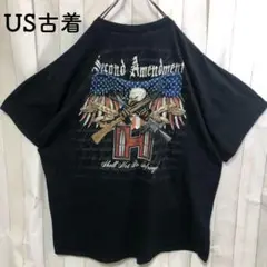 US古着Tシャツ黒　バックプリント　鷹　イーグル　銃　星条旗