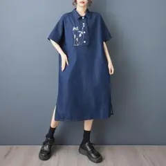 スリット オシャレデザイン 刺繍 シャツロングワンピース 綺麗め 折り衿