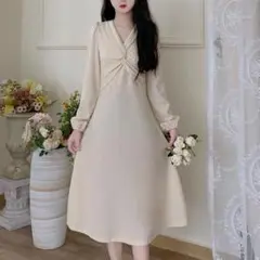【人気商品】　アプリコット　無地　ワンピース　ひざ丈　春　デート　学生　韓国　L