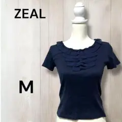 ジール Tシャツ　半袖　シフォンフリル　ネイビー　シンプル　無地　タイト　綿　M