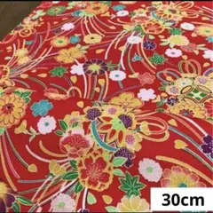 764 お値打ち品！正絹はぎれ 朱赤系 花丸絵柄 無地生地 30cm