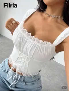 shein レディース　タンクトップ　キャミソール　白　シズニルック　フリル