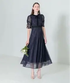 LEJA ウエストマークパフスリーブレースロングドレスワンピース　ネイビー S
