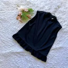 ✨良品✨ (F) ブラウス ノースリーブ とろみ ギャザー ストレッチ 無地 黒