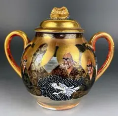 薩摩焼　花瓶　薩摩錦　耳付き 色絵 骨董　花鳥風月　九谷手　木箱入　金彩　金襴手 薩摩焼 花瓶 薩摩錦 耳付き 色絵 骨董 花鳥風月 九谷手 木箱入