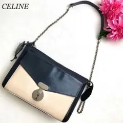 希少✨セリーヌ ショルダーバッグ チェーン ロック金具 ロゴ刻印 レザー 黒色