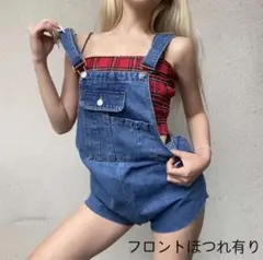 【ポッケ部分糸ほつれ有り】デニム オーバーオール サロペット ミニパンツ M