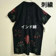 新品 ゆったりサイズFREE アジアン刺繍入り大花染め柄ワンピース　ブラック②