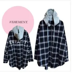 【VEHEMENT】 チェック柄♡グレー系♡フード付きシャツ♡オーバーサイズ♡М