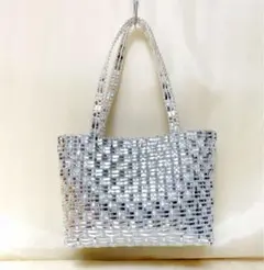 ハンドメイド　ラメルヘンテープ　トートバッグ　カゴバッグ　シルバー