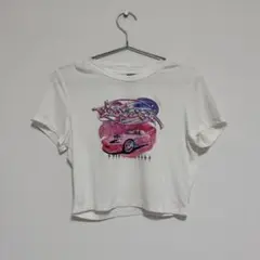 ピンク車プリント　y2k クロップド丈　ヘソ出しTシャツ　平成ギャル