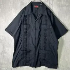 漆黒 刺繍 キューバシャツ オープンカラー オールブラック XL