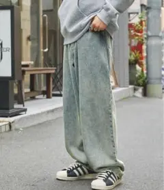 【MONO-MART】ヴィンテージライクオーバーダイワイドデニムパンツ