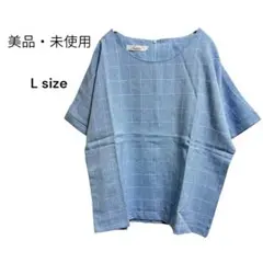【新品・未使用】チェック柄カットソー　半袖　水色×白　L size