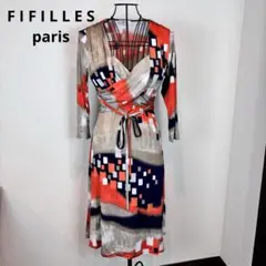 ★FIFILLES★フィフィーユ★幾何学模様 ラップドレス オレンジ ネイビー★