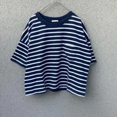 2582【GU】M♡ストライプ柄 半袖Tシャツ カットソー ネイビー/ホワイト