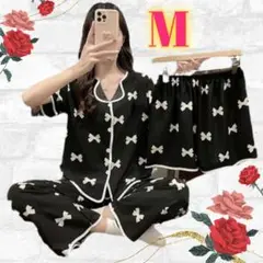 【おうち時間に♡可愛さ満点パジャマ】黒地白リボン3点セットルームウェア M