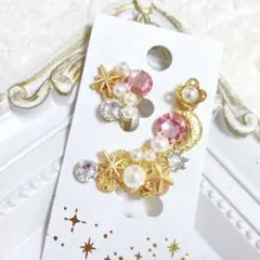 ハンドメイドイヤリング【No.066】痛くない アシンメトリー 星 月 ガラス