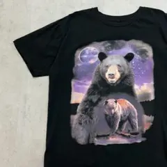 熊　くま　ビッグプリント　地球　Tシャツ　古着　ブラック 黒　L