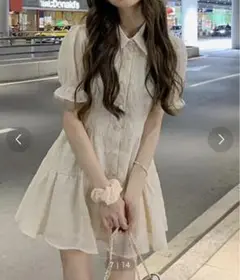 クリーム色 ボタン付きミニワンピース 半袖