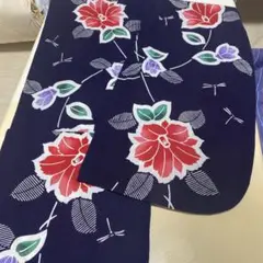 難あり丈約150花柄 浴衣 紺色 赤紫