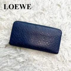 【良品】ロエベ リピート アナグラム ラウンドファスナー 型押し ネイビー