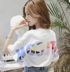 Tシャツ 半袖 レディース 白 トップス カジュアル ロゴ ゆったり　XL