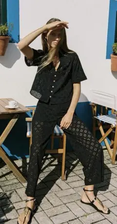 ZARA ザラ　ブラック　刺繍　パンツ　春夏