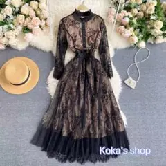 ロングワンピース レース メッシュ中空フック フラワー パーティー ドレス