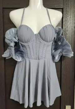 フリル付きオフショルダー水着（ライトグレー）Lサイズ