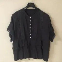 SHIPS any レース タック ペプラム ブラウス シャツ sizeF/紺色