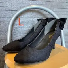 リボン付き　パンプス　ブラック　レース　Lサイズ