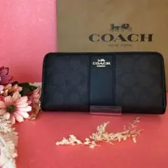 ☆COACH 長財布 ブラックライン ダークブラウンシグネチャー