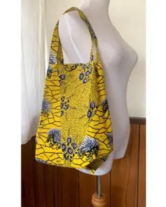 アフリカ布　アフリカンプリント　ハンドメイド　エコバッグ　【イエローはりねずみ】