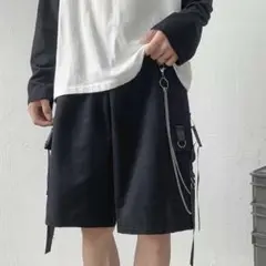 チェーン付 ハーフパンツ 男女兼用 韓国系 ストリート系 ブラック カジュアル