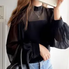 【mily bilet】バルーンスリーブハイネック楊柳シアー素材ブラウス