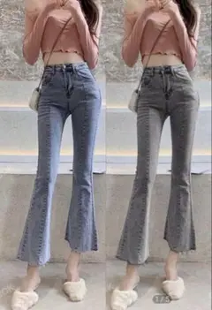 SHEIN シーイン ウォッシュド擦り付け柄ヘム フレアレッグジーンズ
