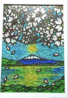 開運絵画桜富士山ステンドグラスガラス絵の具ハンドメイドアート沖縄イラスト風景画猫