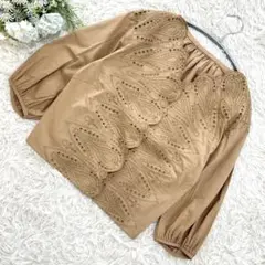 セモアージュ ブラウン ブラウス 刺繍入り ギャザー 七分袖 カジュアル S