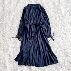 ＊美品【サクラ】シャツワンピース　リネン　ストライプ　リボン　ネイビー 38