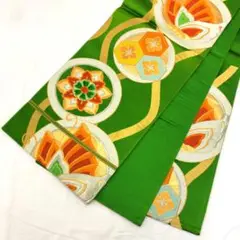 〔6473〕着物 袋帯 六通 蝶 黄緑 416㎝
