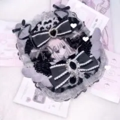 128 硬質ケース トレカケース レースデコ ふわふわ 黒×グレー ねこ リボン
