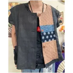 本麻(麻と綿）と縞絣の前開きベスト　　　　古布リメイク