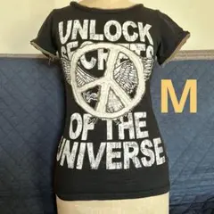 ピースマーク　平和シンボル Tシャツ 黒地に白のロゴ　M