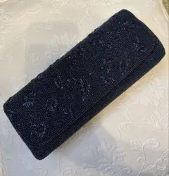 ダークブルー ビーズ装飾 クラッチバッグ